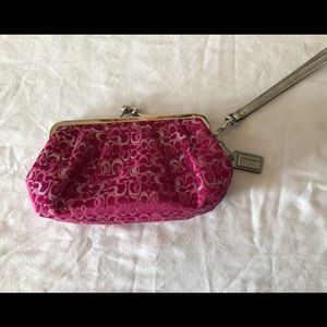 Coach, pink/silver Sig fabric kisslock clutch w/ wristlet strap